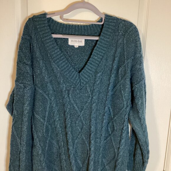 Olive + Oak Men's Cable Knit Sweater Size L / XL Stretchy Grandad Style V-Neck - Picture 2 of 6